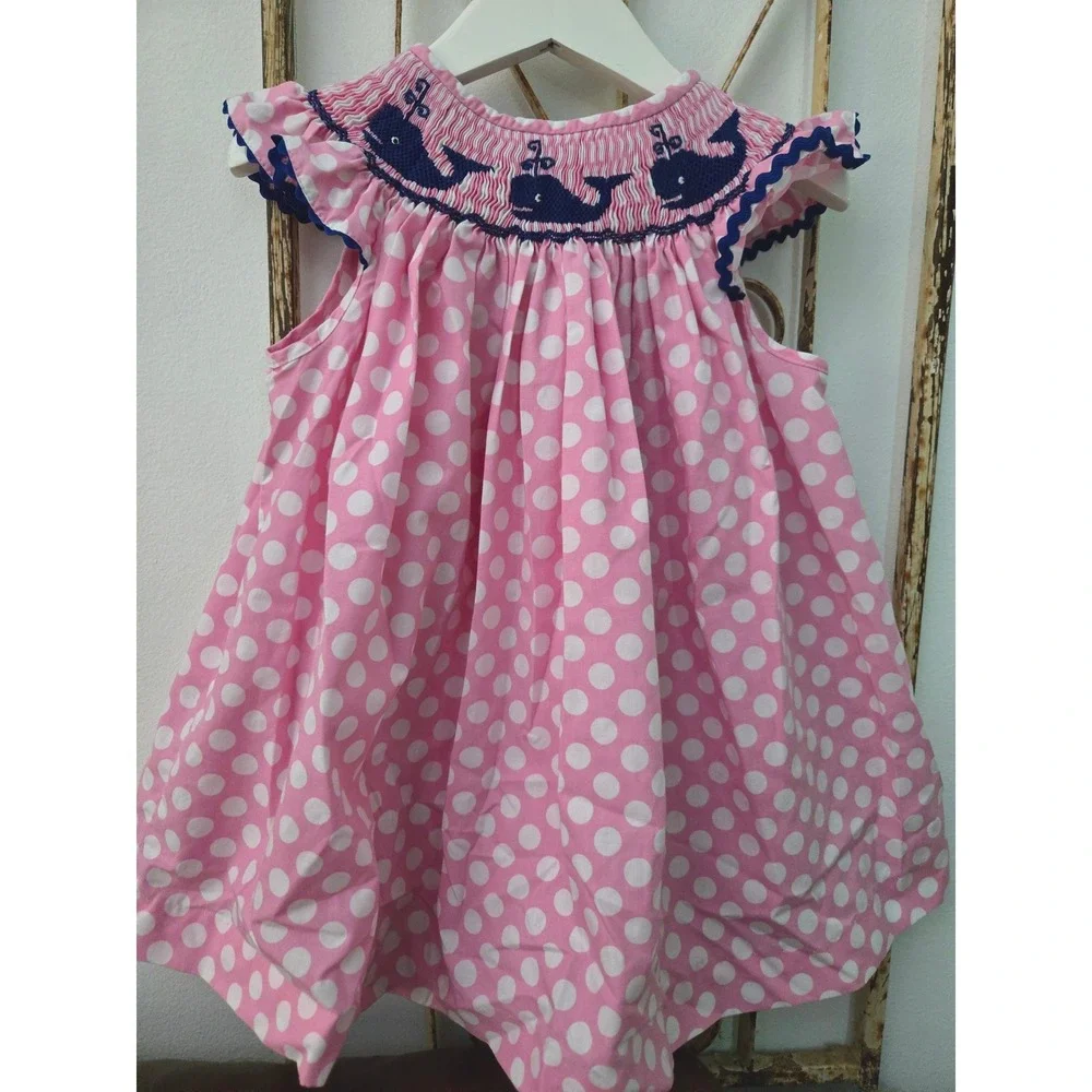 Smocked‎ Dot Kids Whale Appliqué Dress Size 6 Pink Polka Dot Sleeveless